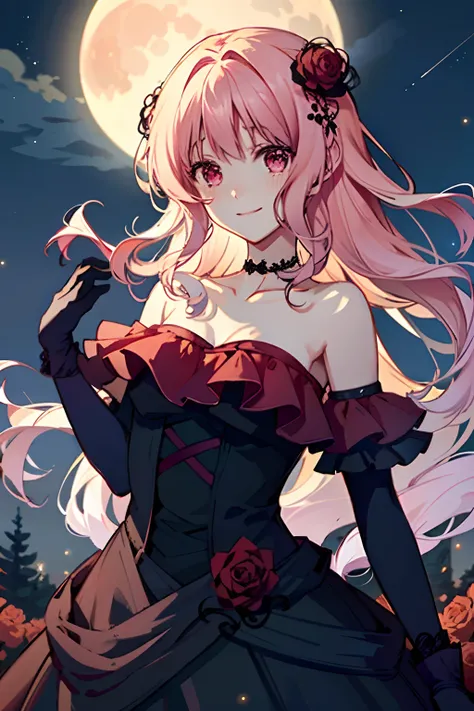 (masterpiece, best quality)
YuiDiabolikLovers, 1girl, solo, long hair, looking at viewer, smile, bangs, pink hair, hair ornament, golden eyes, gloves, dress, bare shoulders, closed mouth, collarbone, upper body, flower, outdoors, frills, sky, choker, black...