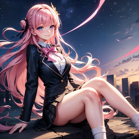 A starry sky，a beauty girl，anime a girl，Black Blazer，Ribbon on uniform，huge tit，a smile，Pink hair，blue eyess，beautiful a girl，Shes an Angel，girl，Long，​masterpiece，Excellent style，Loose Socks，超A high resolution