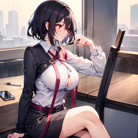 A woman with short black hair and pink-red eyes..........Wearing a teachers uniform....... Slim profile, Fair-skinned, large boobs, Sexy. Hes blushing a little.........., Close your eyes and smile brightly............On Mobile,pen