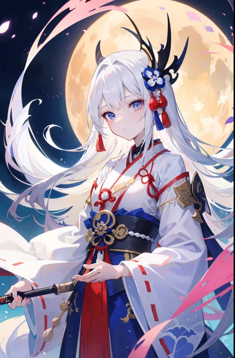 Anime girl with long white hair holding sword and full moon, white-haired god, Onmyoji detailed art, onmyoji portrait, onmyoji, Anime art wallpaper 8 K, Anime art wallpaper 4 K, Anime art wallpaper 4k, Detailed digital anime art, 2. 5 D CGI anime fantasy a...