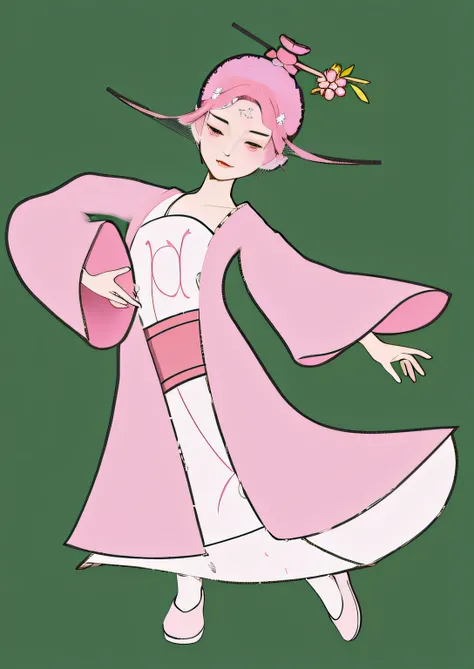 A cartoon girl in a pink dress holding a fan and a pink hat, the non-binary deity of spring, inspired by Josetsu, sakura petals around her, inspired by Tani Bunchō, inspired by Rumiko Takahashi, geisha prima ballerina, inspired by Koryusai Isoda, inspired ...