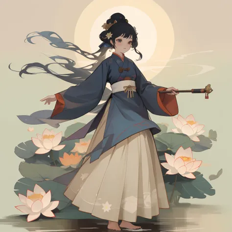 teens girl，Traditional costumes of the Tang Dynasty，Stand barefoot in the water，Handheld tuan fan，solo person，There is a lotus pattern on the clothes，long whitr hair，Wear a bun on your head