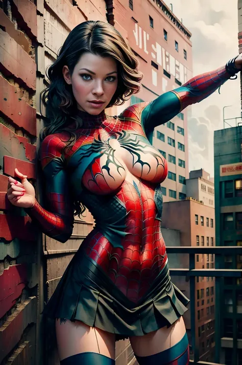 Evangeline Lilly、Sticking out the navel、newyork、She wears a torn Spider-Man suit,wearing skirt、 Red and black color scheme,Dynamic、​masterpiece、top-quality、ultra-detailliert、ighly detailed、beautiful detailed brilliance、超A high resolution