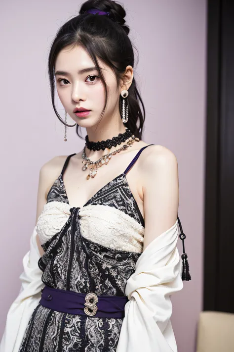 (extra detailed body、extra detailed face、best qualtiy:1.2)、femele、looking at the viewers、（Wacky fashion、Large shoulder-length piercings、a necklace、Contrasting purple, white and black clothing、Asymmetry)、(Ivory wall)