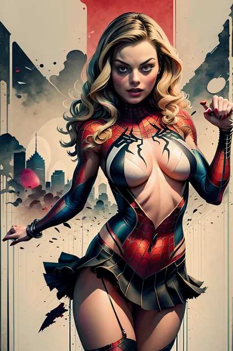 Margot Robbie、Sticking out the navel、newyork、She wears a torn Spider-Man suit,wearing skirt、 Red and black color scheme,Dynamic、​masterpiece、top-quality、ultra-detailliert、ighly detailed、beautiful detailed brilliance、超A high resolution