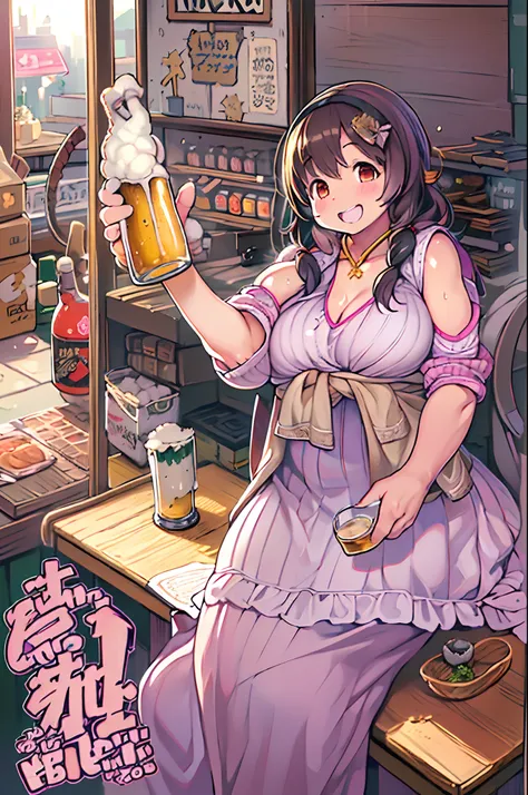 masutepiece, Best Quality, 女の子1人、huge-breasted、bbw、Holding (beer)1.5、Thumbs up、huge smile