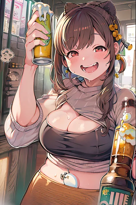 masutepiece, Best Quality, 女の子1人、huge-breasted、bbw、Holding (beer)1.5、Thumbs up、huge smile