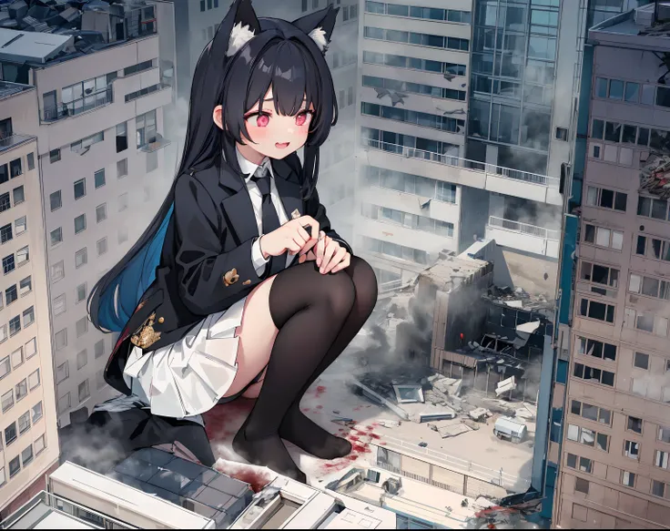 1girll, 16 yaers old, full bodyesbian, Bigger than the building,No shoes，{Black stockings}，Black jacket with white shirt ，Blue tie，Black hair，Wolf ears，Light red eyes，A cold expression， Destroyed buildings, Sit on a destroyed building，The one who was tramp...