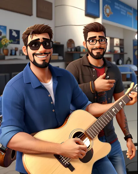 dois homens um de barba e cabelos pretos, goatee holding a guitar and another with light brown skin, barba e cabelos castanhos segurando um copo