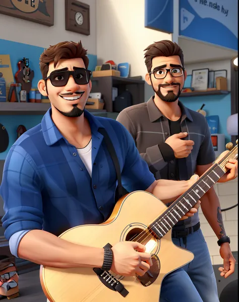 dois homens um de barba e cabelos pretos, goatee holding a guitar and another with light brown skin, barba e cabelos castanhos segurando um copo