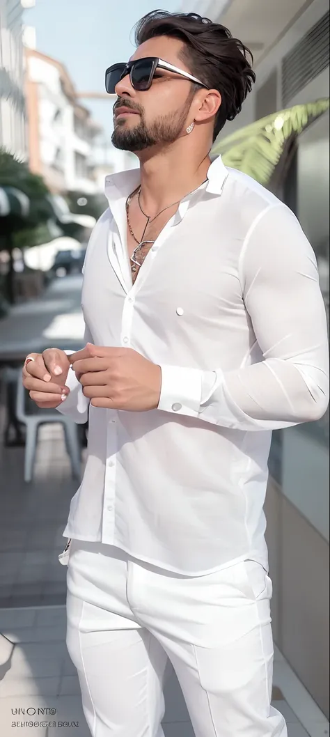 araffe man in white shirt and sunglasses standing in a building, wearing white shirt, wearing in shirt, wearing a white shirt, fine white shirt, white wrinkled shirt, wearing a white button up shirt, white shirt, white sleeves, wearing a linen shirt, white...