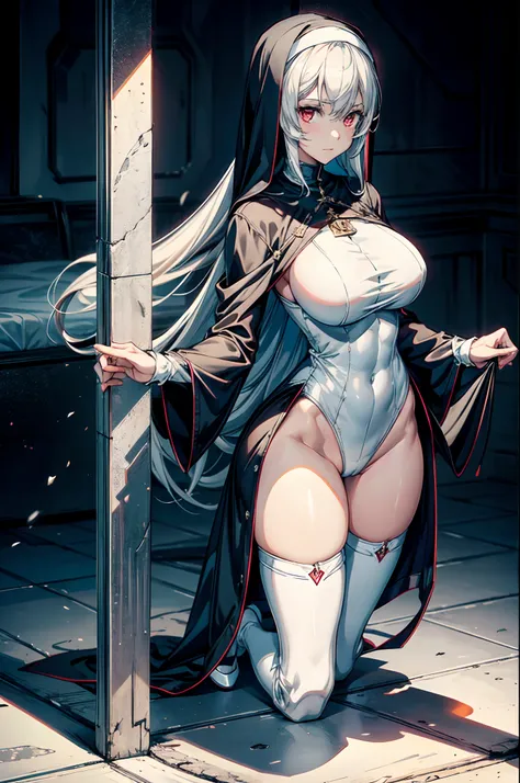 masterpiece, best quality, highly detailed, 8k, horror background, anime, 1girl(20-year-old, nun, kneel:1.2, demented, grinning, evil, athletic:1.2, muscular:1.2, abs:1.2, long legs:1.4, long white hair, big breasts, white stockings, white thigh boots with...