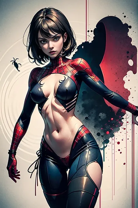 Milla Jovovich、Sticking out the navel、newyork、She wears a torn Spider-Man suit,wearing skirt、 Red and black color scheme,Dynamic、​masterpiece、top-quality、ultra-detailliert、ighly detailed、beautiful detailed brilliance、超A high resolution