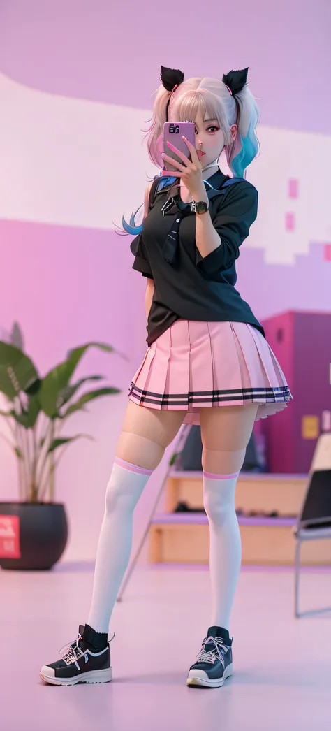 araffe dressed in a pink skirt and black shirt taking a picture, y 2 k style, y2k style, thighhighs and skirt, realistic schoolgirl, wearing skirt and high socks, y2k aesthetic, y 2 k aesthetic, hyperrealistic schoolgirl, a hyperrealistic schoolgirl, anime...