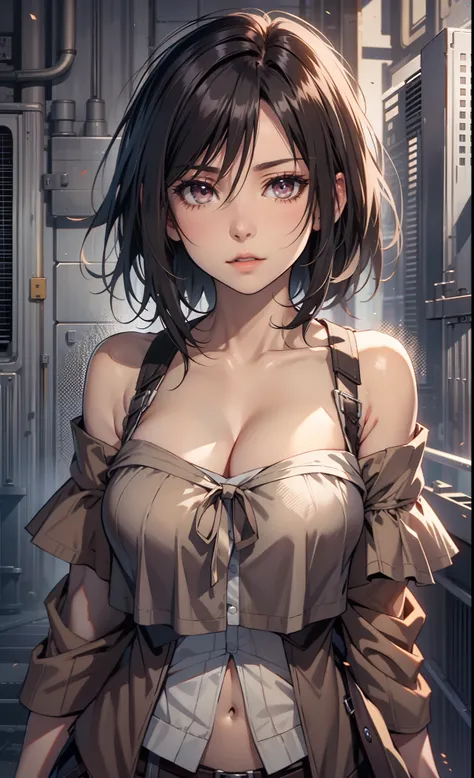 Mikasa_ackerman，solo person，By oneself，Off-the-shoulder clothing，Muskrin，cleavage，nabel，open waist，Abs，Vest line，Off-the-shoulder clothing，