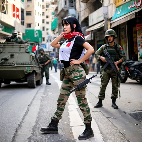 A prety black hair woman with palestine flag,wearing palestine shirt taking a big machine gun in middle of war,army pants,standing in chaos street,view full of body,sexy pose