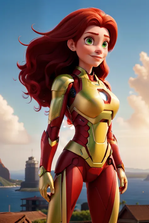 Mulher de pele branca,Long red hair with green eyes wearing the armor of the female version of Iron Man, Floating on top of a building