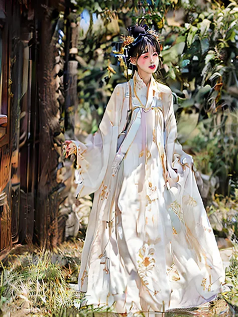 A woman in a white dress holds a fan in her hand, with acient chinese clothes, Wearing ancient Chinese clothes, Dressed in elegant dresses, Traditional Chinese clothing,, Wearing wheat yellow gauze, Chinese costume, Chinese dress