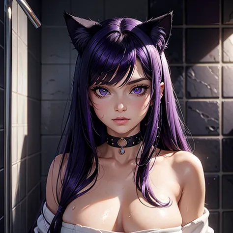 Il y a une femme adulte qui prend sa douche, under shower, bathroom, wet skin, wet hair ,shining skin,  cat ears,, Dark and purple hair, black hair and purple locks, cat ears on the head, belle poitrine, Avatar de seconde vie, Nice screenshot, Seconde vie,...