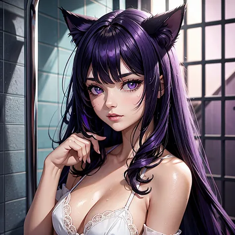 Il y a une femme adulte qui prend sa douche, under shower, bathroom, wet skin, wet hair ,shining skin,  cat ears,, Dark and purple hair, black hair and purple locks, cat ears on the head, belle poitrine, Avatar de seconde vie, Nice screenshot, Seconde vie,...