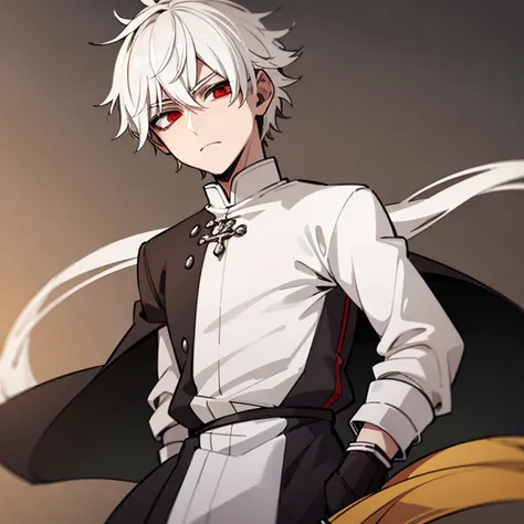 1 man, white hair with black highlights, medieval lace up shirt, white but yellowish skin, red eyes, wind.