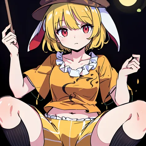 1girl,ringo (touhou),blonde hair, short hair, (cabbie hat:1.3), orange shirt, navel, rabbit ears, red eyes, collarbone, frilled dress, yellow shorts,(black ribbed kneehighs:1.3),(close up kneehighs:1.4)