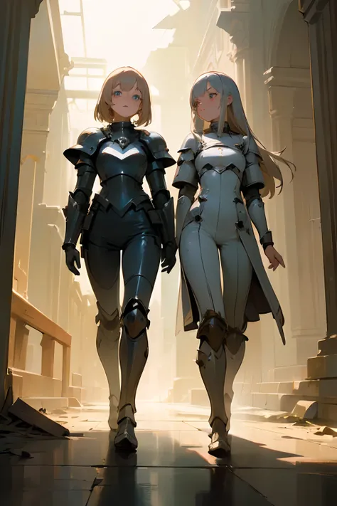 (((masterpiece))), (((best quality))), ((ultra-detailed)), (cinematic lighting), (illustration), (beautiful detailed eyes), (2girls), full body, space, knight, armour, light hair, jumpsuit, walking, ruins,