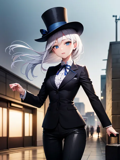 Masterpiece, Detailed Cinematic Light, perfect anatomy, 1girl, Medium white hair, blue eyes, black jacket, long pants, top hat with a blue ribbon, holding a suitcase in hand, Standing, Street, Train station, train, dim light from the train, night sky