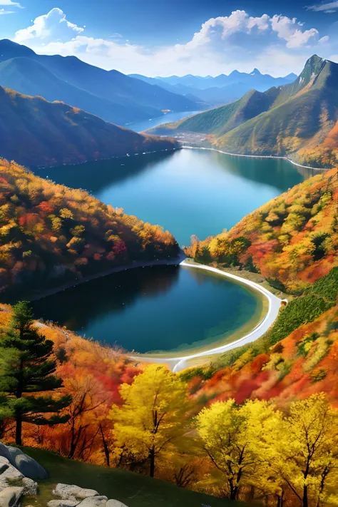 a beautiful korean mountain with lake, (masterpiece), (portrait), (raw photo), (extremely detailed CG unity 8k wallpaper) Intricate, Sharp focus, dramatic, photorealistic  art