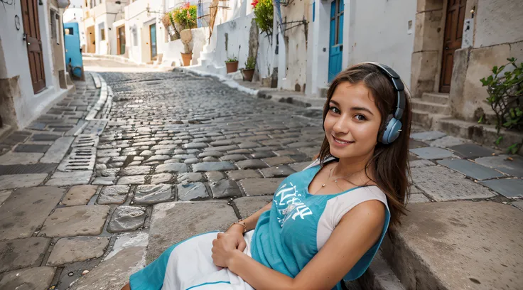 Realistic, cobblestone sidewalk, Young lady, vestido, por do sol, headphones on head, Camiseta com escrita "ScreenSound", relaxed expression, um pouco sorridente, cabelos lisos, Greece, Ilha de Santorini, rua, sidewalk, ruas de santorini, cores vibrantes, ...