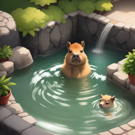 Draw an illustration of a capybara soaking in a hot spring with a Pokémon-style taste