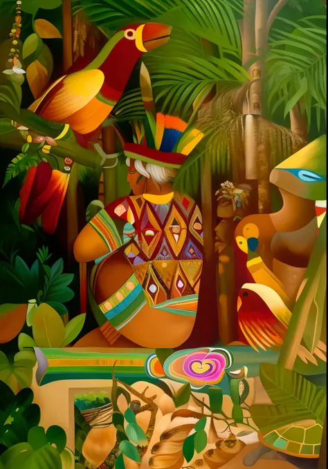 pintura de uma cena tropical com um papagaio, um papagaio, um homem, e uma mulher, pintura detalhada", ayahuasca shaman, ayahuasca, indigenous art, em uma selva, pintura misteriosa da selva, the ayahuasca spirit, amazonian, Selva colombiana, Pintura de Nor...