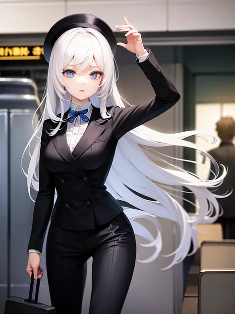 Masterpiece, Detailed Cinematic Light, perfect anatomy, 1girl, Medium white hair, blue eyes, black jacket, long pants, top hat with a blue ribbon, holding a suitcase in hand, Standing, Street, Train station, train, dim light from the train, night sky