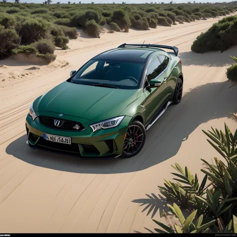 Carro esportivo verde,em uma praia em dubai,sena de filme realista,UHD