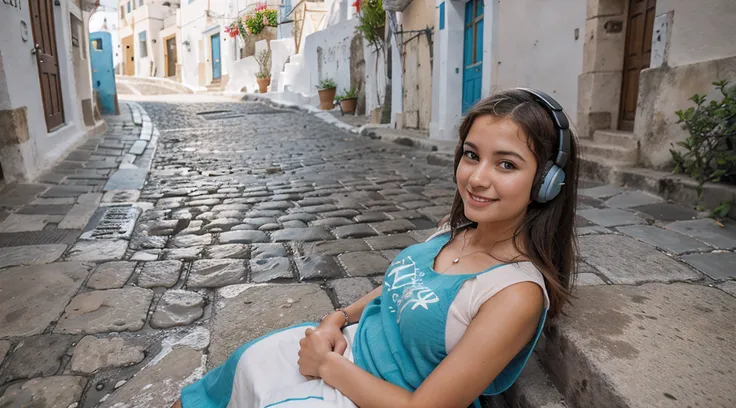 Realistic, cobblestone sidewalk, Young lady, vestido, por do sol, headphones on head, Camiseta com escrita "ScreenSound", relaxed expression, um pouco sorridente, cabelos lisos, Greece, Ilha de Santorini, rua, sidewalk, ruas de santorini, cores vibrantes, ...