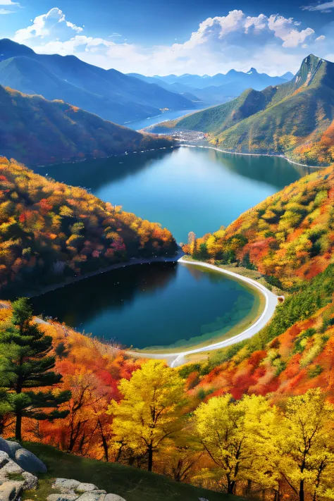 a beautiful korean mountain with lake, (masterpiece), (portrait), (raw photo), (extremely detailed CG unity 8k wallpaper) Intricate, Sharp focus, dramatic, photorealistic  art