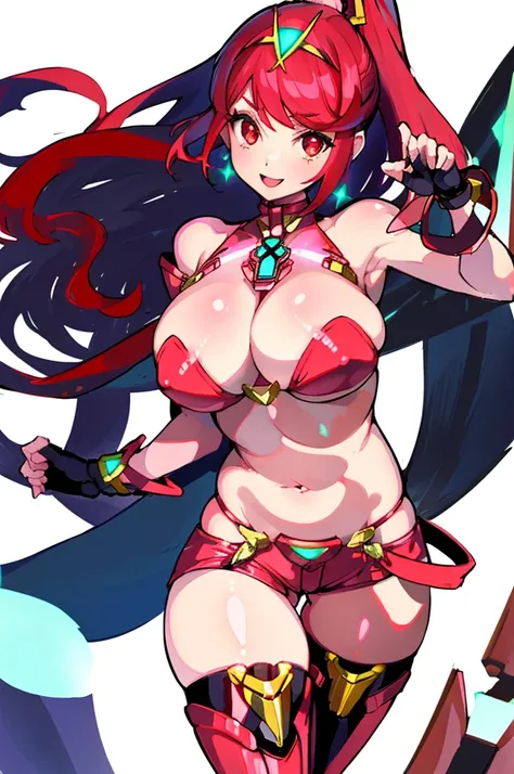 pyra (xenoblade), teen_1girl, loli, bangs, black gloves, breasts, red eyes, shout, earrings, eyelashes, fingerless gloves, floating hair, , gem, gloves, hair ornament, headpiece, jewelry, gigantic_breasts, leaning back, swimsuit, neon trim, official art, p...