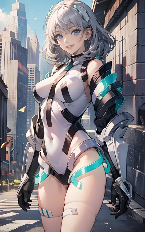 light smile, deva battle suit, outdoors, silver hair, bobhair, blue eyes, waistshot