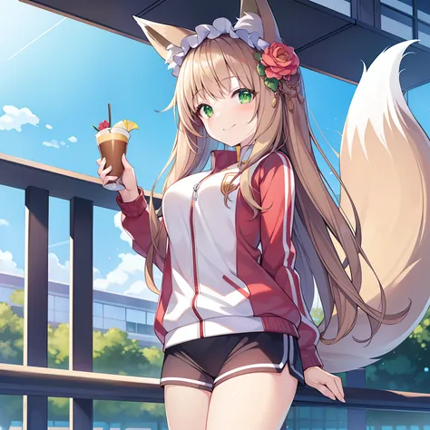 tmasterpiece，best qualtiy，A high resolution，1girll, Solo, (8K wallpaper), (Long brown hair)，(Huge fox tail:1.2)，Green eyes，Small flower headdress，16-year-old girl_C cup，Modern architecture，On the school playground，Wear school tracksuits，ssmile，From a posit...