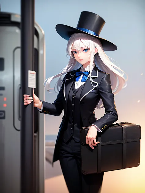 Masterpiece, Detailed Cinematic Light, perfect anatomy, 1girl, Medium white hair, blue eyes, black jacket, long pants, top hat with a blue ribbon, holding a suitcase in hand, Standing, Street, Train station, train, dim light from the train, night sky