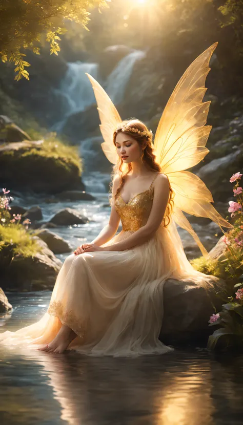 A fairy sitting by a mountain stream，ethereal wings，gentlesoftlighting，vivd colour，Flowing water，Magical atmosphere，serene environment，Natural details，subtle shimmering，Ethereal dreams，magical forest background，Glittering reflections on the water，Serene ex...