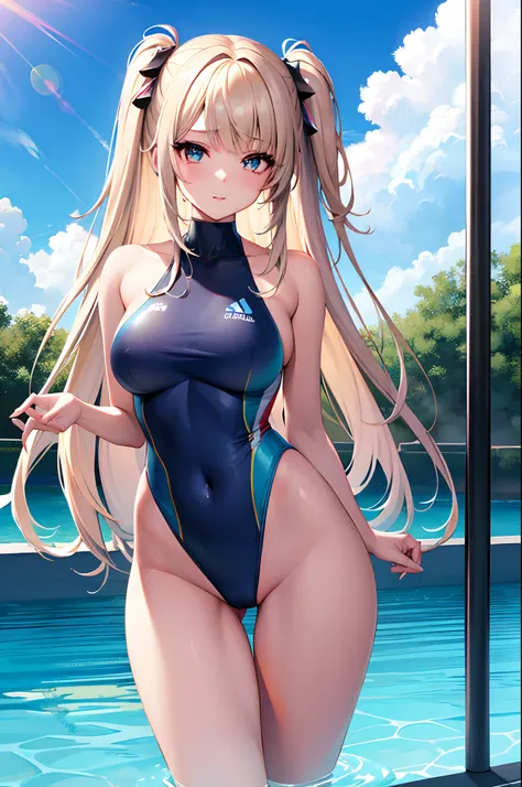 ((Best Quality)), (ultra-detailliert), ((Extremely detailed)), (Beautiful), ((Kawaii Girl)),  ((UHD)), (masterpiece), (high quality), (best quality), (4K), (high quality), 1, solo girl, 1girl, ((platinum blond hair)), parted bangs, ((hair intakes)), long h...