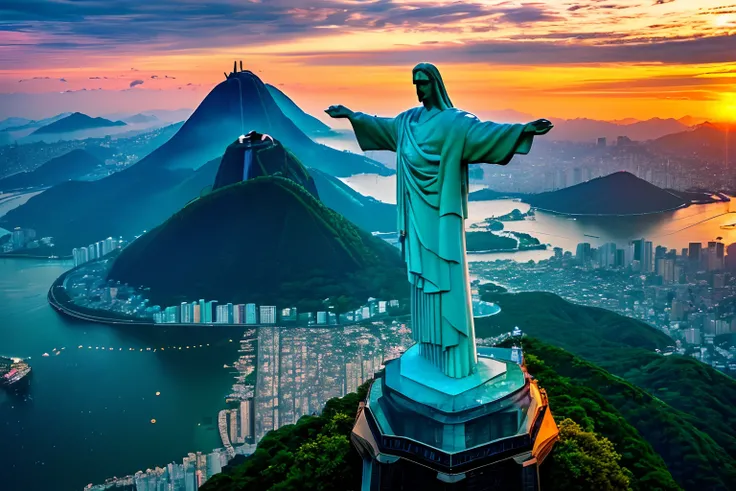 (melhor qualidade,ultra-detalhado,Realistic:1.37), cores vibrantes, HDR, statue of Jesus on a black pedestal, iconic statue of Christ the Redeemer in Rio de Janeiro