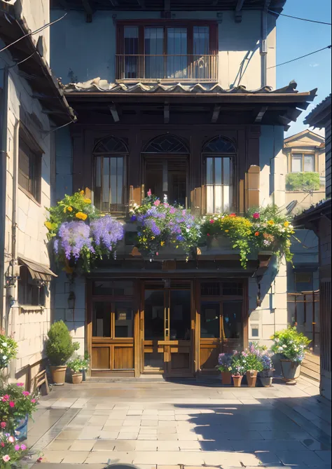 an old persian building in street in year 1910 with an balcony with al lot of flowers, , long shot, from far view, from street view