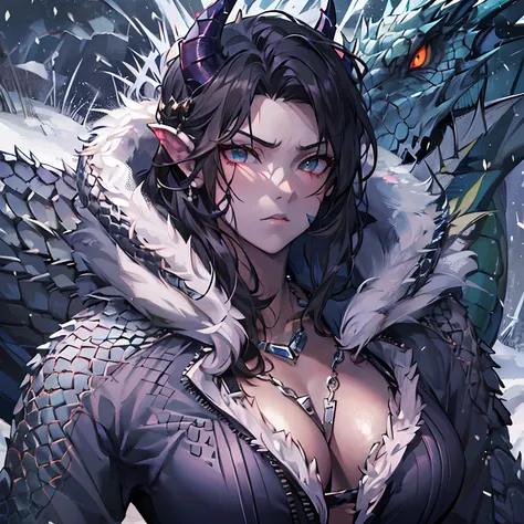 (High resolution, best quality, masterpiece), detailed, ultra detail, 1female, physically fit, curvy, slender body, fierce expression, dark eyes, (detailed eyes), black hair, short length hair, ((dragon horns)), ((face: dragon scales)), face covered in sca...