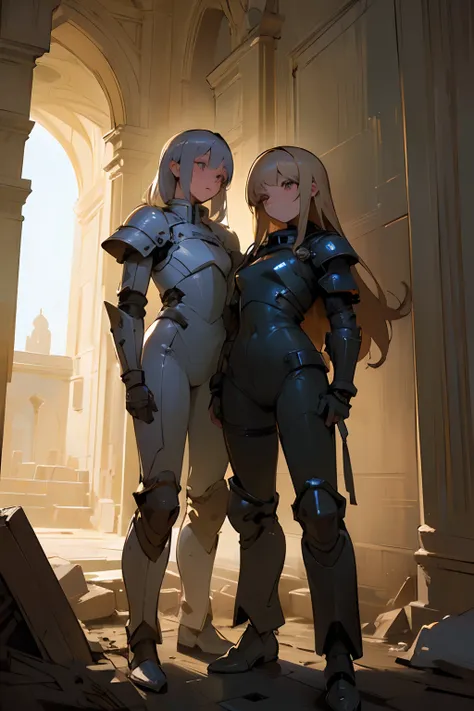 (((masterpiece))), (((best quality))), ((ultra-detailed)), (cinematic lighting), (illustration), (beautiful detailed eyes), (2girls), full body, space, knight, armour, light hair, jumpsuit, ruins,