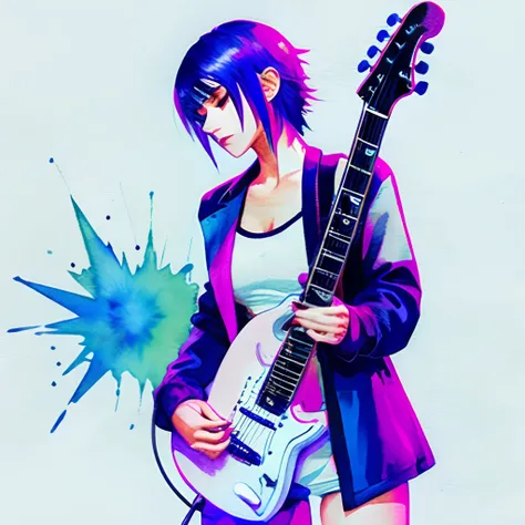 guitar,cyber punk,very watercolor,beautifully woman,Pixel art