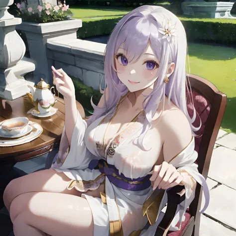 colorful flower々Botanical Gardens in Full Bloom,White Luxurious Garden Palace (White Luxurious Garden Palace),Garden table and chairs with sculptures,Fluffy pale golden hair,Eyes pale purple,Luxurious and sexy kimono in white,Luxurious underwear with plent...