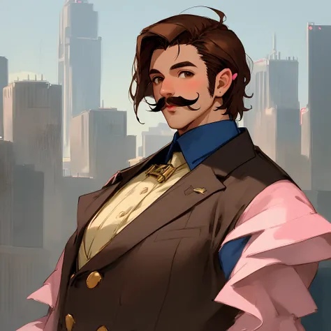 male character with straight brown hair combed to the side, large nose with pink lips and ruddy skin with a mustache . Dark blue blouse with medium ears. in the background a city. Brown eyes