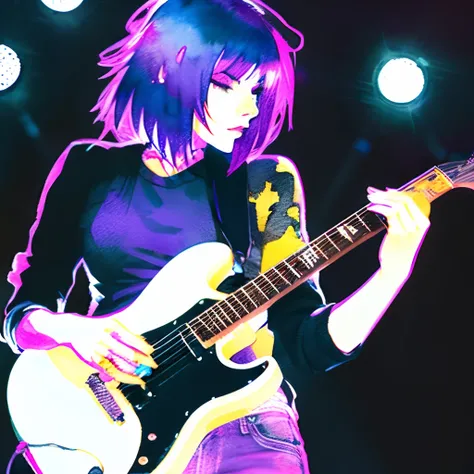 guitar,cyber punk,very watercolor,beautifully woman,Pixel art